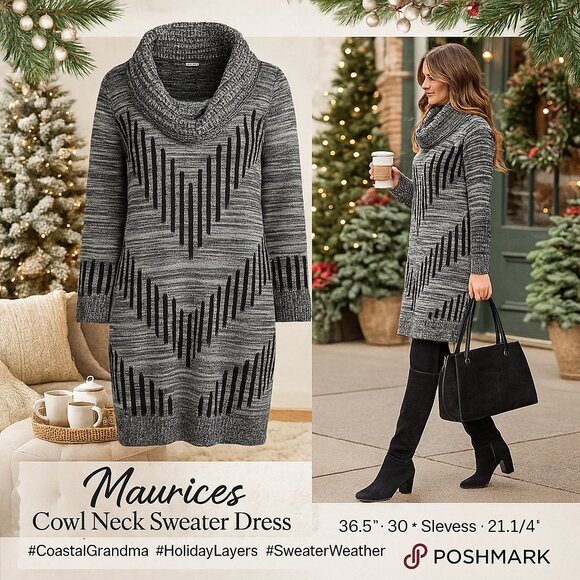 Maurices Black & Gray Sweater Dress – XL (Cowl Neck, Geometric Stripe) - Picture 3 of 13